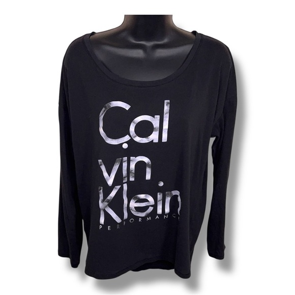 Medium Calvin Klein Black White Logo Long Sleeve Athletic Casual Top Activewear - Picture 1 of 11